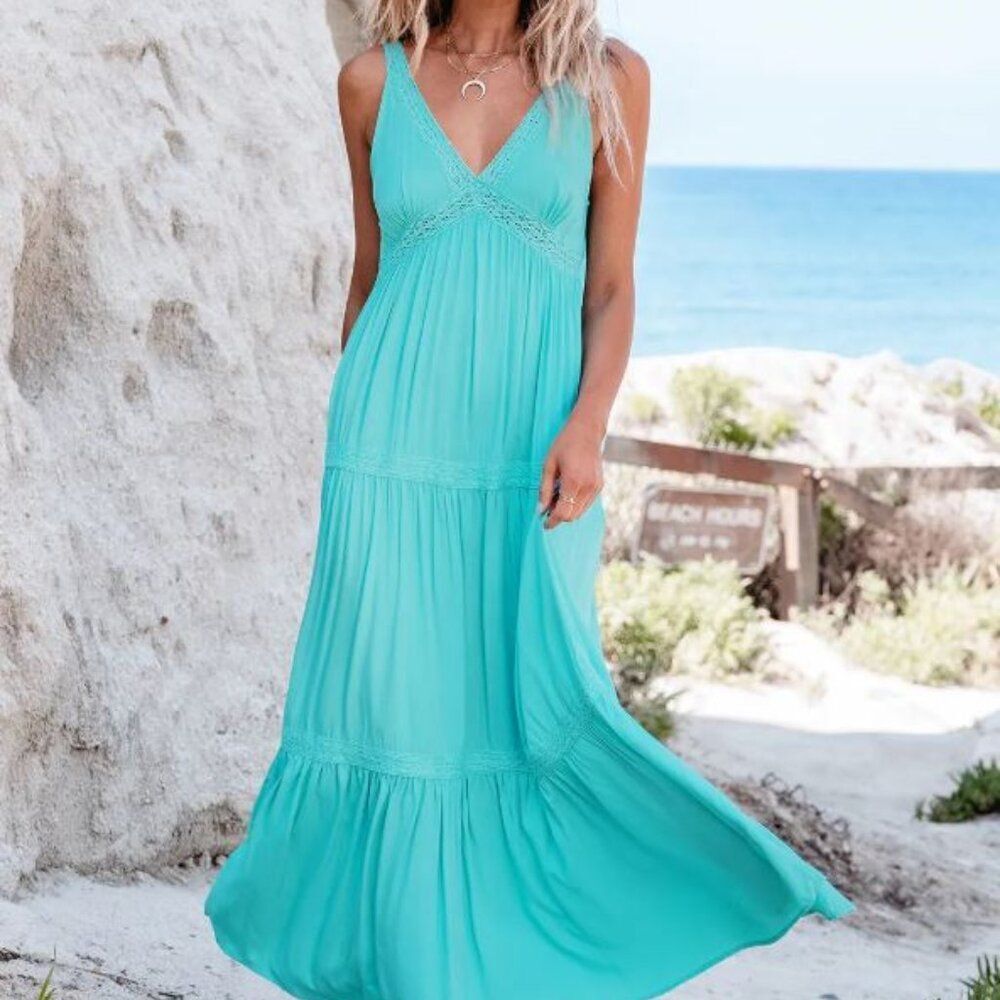 Turquoise Plunging Sleeveless Maxi Dress